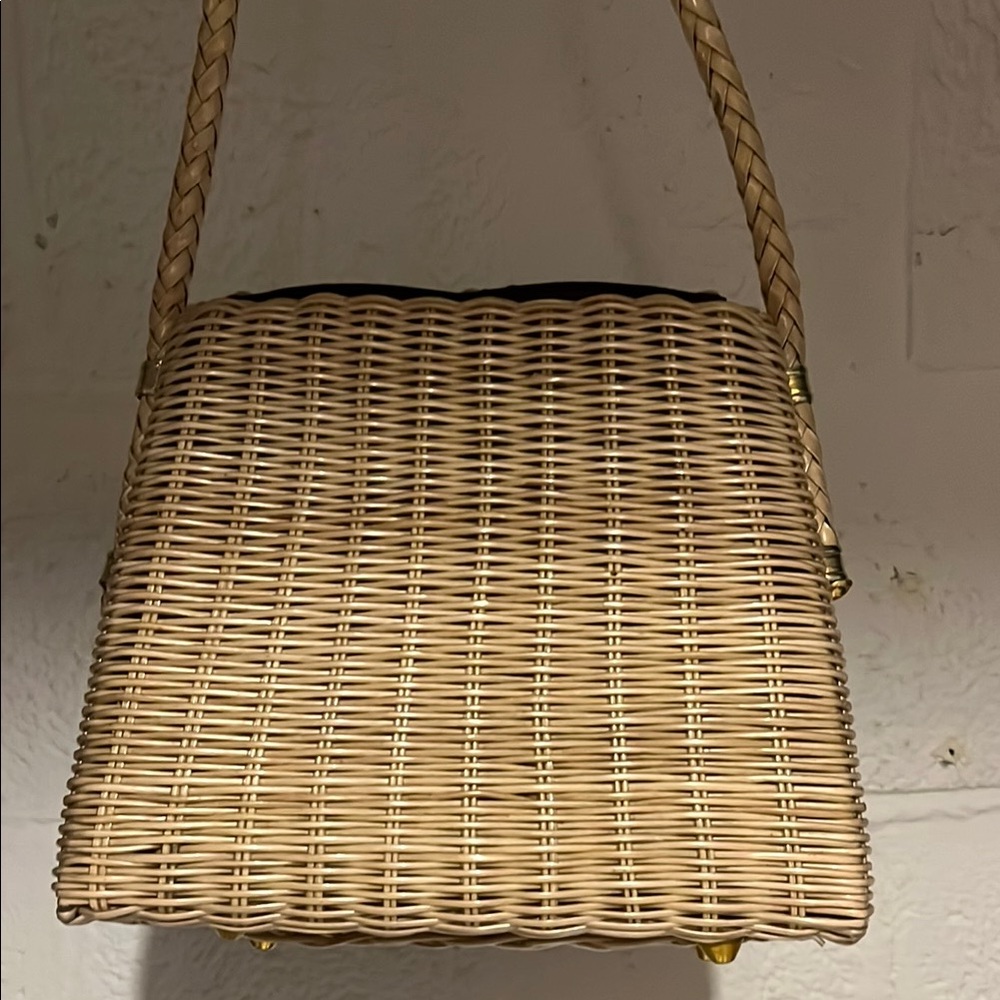 Vintage Brown Leather and coated Wicker Women's shoulder Bag Hong Kong - Picture 3 of 15